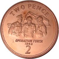Gibraltar coin 2 Pence - Elizabeth II - The Anglo-American Operation Torch 1942 - 3'rd Portrait (2012 - 2013) reverse reverse of 2 Pence - Elizabeth II - The Anglo-American Operation Torch 1942 - 3'rd Portrait (2012 - 2013) coin with KM# 1100 from Gibraltar. Inscription: TWO PENCE OPERATION TORCH 1942 2