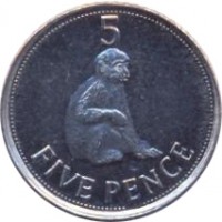 reverse of 5 Pence - Elizabeth II - 3'rd Portrait (2012 - 2013) coin with KM# 1101 from Gibraltar. Inscription: 5 FIVE PENCE