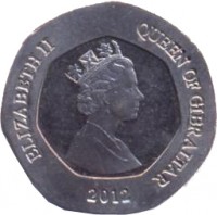 obverse of 20 Pence - Elizabeth II - 3'rd Portrait (2012) coin with KM# 1103 from Gibraltar. Inscription: ELIZABETH II QUEEN OF GIBRALTAR RDM 2012