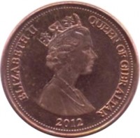 obverse of 1 Penny - Elizabeth II - 3'rd Portrait (2012 - 2013) coin with KM# 1099 from Gibraltar. Inscription: ELIZABETH II QUEEN OF GIBRALTAR RDM 2012