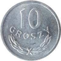 reverse of 10 Groszy (1961 - 1985) coin with Y# AA47 from Poland. Inscription: 10 GROSZY