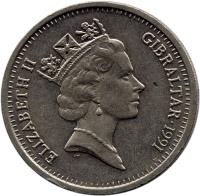 obverse of 10 Pence - Elizabeth II - Larger; 3'rd Portrait (1988 - 1991) coin with KM# 23.1 from Gibraltar. Inscription: ELIZABETH II GIBRALTAR · 1990