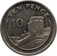 Gibraltar coin 10 Pence - Elizabeth II - Larger; 3'rd Portrait (1988 - 1991) reverse reverse of 10 Pence - Elizabeth II - Larger; 3'rd Portrait (1988 - 1991) coin with KM# 23.1 from Gibraltar. Inscription: TEN PENCE 10