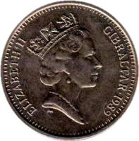 obverse of 5 Pence - Elizabeth II - Larger; 3'rd Portrait (1988 - 1990) coin with KM# 22 from Gibraltar. Inscription: ELIZABETH II GIBRALTAR · 1988