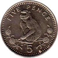 reverse of 5 Pence - Elizabeth II - Larger; 3'rd Portrait (1988 - 1990) coin with KM# 22 from Gibraltar. Inscription: FIVE PENCE 5