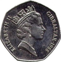 Gibraltar coin 50 Pence - Elizabeth II - 3'rd Portrait (1988 - 1989) obverse obverse of 50 Pence - Elizabeth II - 3'rd Portrait (1988 - 1989) coin with KM# 17 from Gibraltar. Inscription: ELIZABETH II GIBRALTAR · 1988