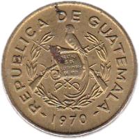 obverse of 1 Centavo (1965 - 1970) coin with KM# 265 from Guatemala. Inscription: REPUBLICA DE GUATEMALA · 1969 · LIBERTAD 15 DE SEPTIEMBRE DE 1821e
