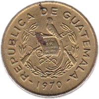 Guatemala coin 1 Centavo (1965 - 1970) obverse obverse of 1 Centavo (1965 - 1970) coin with KM# 265 from Guatemala. Inscription: REPUBLICA DE GUATEMALA · 1969 · LIBERTAD 15 DE SEPTIEMBRE DE 1821e