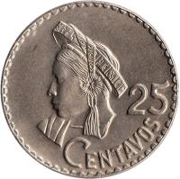reverse of 25 Centavos (1967 - 1970) coin with KM# 269 from Guatemala. Inscription: 25 CENTAVOS