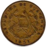obverse of 1 Centavo (1949 - 1954) coin with KM# 254 from Guatemala. Inscription: REPUBLICA DE GUATEMALA 1949