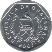 obverse of 1 Centavo (1999 - 2007) coin with KM# 282 from Guatemala. Inscription: REPUBLICA DE GUATEMALA 2007