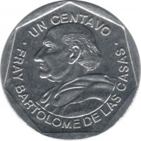 reverse of 1 Centavo (1999 - 2007) coin with KM# 282 from Guatemala. Inscription: UN CENTAVO FRAY BARTOLOME DE LAS CASAS