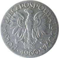 obverse of 5 Złotych (1958 - 1974) coin with Y# 47 from Poland. Inscription: POLSKA RZECZPOSPOLITA LUDOWA · 1960 ·