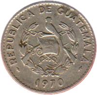 obverse of 10 Centavos (1965 - 1970) coin with KM# 267 from Guatemala. Inscription: REPUBLICA DE GUATEMALA LIBERTAD 15 DE SEPTIEMBRE DE 1821 1965