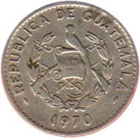 Guatemala coin 10 Centavos (1965 - 1970) obverse obverse of 10 Centavos (1965 - 1970) coin with KM# 267 from Guatemala. Inscription: REPUBLICA DE GUATEMALA LIBERTAD 15 DE SEPTIEMBRE DE 1821 1965