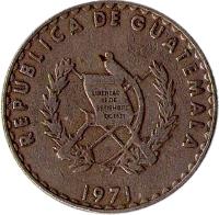 obverse of 25 Centavos (1971 - 1976) coin with KM# 272 from Guatemala. Inscription: REPUBLICA DE GUATEMALA LIBERTAD 15 DE SETIEMBRE DE 1821 1971