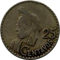 reverse of 25 Centavos (1965 - 1966) coin with KM# 268 from Guatemala. Inscription: 25 CENTAVOS