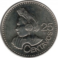 Guatemala coin 25 Centavos - Reeded edge (2011) reverse reverse of 25 Centavos - Reeded edge (2011) coin from Guatemala. Inscription: 25 CENTAVOS