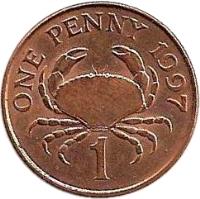 Guernsey coin 1 Penny - Elizabeth II - 3'rd Portrait (1992 - 1997) reverse reverse of 1 Penny - Elizabeth II - 3'rd Portrait (1992 - 1997) coin with KM# 40a from Guernsey. Inscription: ONE PENNY 1988 1