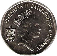 obverse of 20 Pence - Elizabeth II - 3'rd Portrait (1985 - 1997) coin with KM# 44 from Guernsey. Inscription: ELIZABETH II BAILIWICK OF GUERNSEY