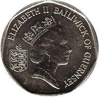 Guernsey coin 20 Pence - Elizabeth II - 3'rd Portrait (1985 - 1997) obverse obverse of 20 Pence - Elizabeth II - 3'rd Portrait (1985 - 1997) coin with KM# 44 from Guernsey. Inscription: ELIZABETH II BAILIWICK OF GUERNSEY