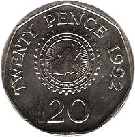 Guernsey coin 20 Pence - Elizabeth II - 3'rd Portrait (1985 - 1997) reverse reverse of 20 Pence - Elizabeth II - 3'rd Portrait (1985 - 1997) coin with KM# 44 from Guernsey. Inscription: TWENTY PENCE 1992 20