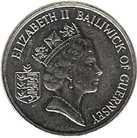 Guernsey coin 5 Pence - Elizabeth II - Smaller; 3'rd Portrait (1990 - 1997) obverse obverse of 5 Pence - Elizabeth II - Smaller; 3'rd Portrait (1990 - 1997) coin with KM# 42.2 from Guernsey. Inscription: ELIZABETH II BAILIWICK OF GUERNSEY