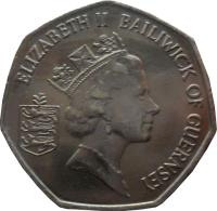 obverse of 50 Pence - Elizabeth II - Smaller; 3'rd Portrait (1997) coin with KM# 45.2 from Guernsey. Inscription: ELIZABETH II BAILIWICK OF GUERNSEY