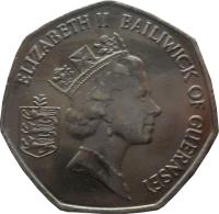 Guernsey coin 50 Pence - Elizabeth II - Smaller; 3'rd Portrait (1997) obverse obverse of 50 Pence - Elizabeth II - Smaller; 3'rd Portrait (1997) coin with KM# 45.2 from Guernsey. Inscription: ELIZABETH II BAILIWICK OF GUERNSEY