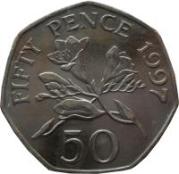 Guernsey coin 50 Pence - Elizabeth II - Smaller; 3'rd Portrait (1997) reverse reverse of 50 Pence - Elizabeth II - Smaller; 3'rd Portrait (1997) coin with KM# 45.2 from Guernsey. Inscription: FIFTY PENCE 1997 50