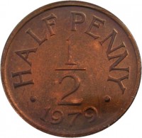 Guernsey coin 1/2 Penny - Elizabeth II (1979) reverse reverse of 1/2 Penny - Elizabeth II (1979) coin with KM# 33 from Guernsey. Inscription: HALF PENNY 1 - 2 · 1979 ·