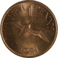 reverse of 1 New Penny - Elizabeth II (1971) coin with KM# 21 from Guernsey. Inscription: NEW 1 PENNY 1971