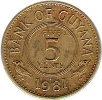 Guyana coin 5 Cents (1967 - 1992) reverse reverse of 5 Cents (1967 - 1992) coin with KM# 32 from Guyana. Inscription: BANK OF GUYANA FIVE 5 CENTS 1992