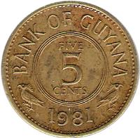 reverse of 5 Cents (1967 - 1992) coin with KM# 32 from Guyana. Inscription: BANK OF GUYANA FIVE 5 CENTS 1992