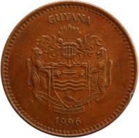 obverse of 5 Dollars (1996 - 2012) coin with KM# 51 from Guyana. Inscription: GUYANA ONE PEOPLE ONE NATION ONE DESTINY 2002