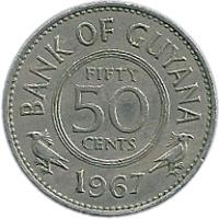 reverse of 50 Cents (1967) coin with KM# 35 from Guyana. Inscription: BANK OF GUYANA FIFTY 50 CENTS 1967