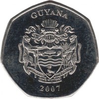 Guyana coin 10 Dollars (1996 - 2011) obverse obverse of 10 Dollars (1996 - 2011) coin with KM# 52 from Guyana. Inscription: GUYANA 2007