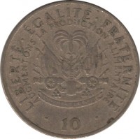 Haiti coin 10 Centimes - FAO (1975 - 1983) reverse reverse of 10 Centimes - FAO (1975 - 1983) coin with KM# 120 from Haiti. Inscription: LIBERTÉ . ÉGALITÉ . FRATERNITÉ AUGMENTONS LA PRODUCTION ALIMENTAIRE L'UNION FAIT LA FORCE . 10 .