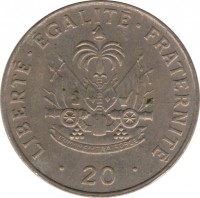 reverse of 20 Centimes (1986 - 1991) coin with KM# 152 from Haiti. Inscription: LIBERTÉ . ÉGALITÉ . FRATERNITÉ L'UNION FAIT LA FORCE . 20 .