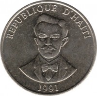 obverse of 50 Centimes (1986 - 1991) coin with KM# 153 from Haiti. Inscription: REPUBLIQUE D'HAITI 1991