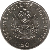 reverse of 50 Centimes (1986 - 1991) coin with KM# 153 from Haiti. Inscription: LIBERTÉ · ÉGALITÉ · FRATERNITÉ L'UNION FAIT LA FORCE · 50 ·
