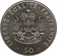 Haiti coin 50 Centimes (1986 - 1991) reverse reverse of 50 Centimes (1986 - 1991) coin with KM# 153 from Haiti. Inscription: LIBERTÉ · ÉGALITÉ · FRATERNITÉ L'UNION FAIT LA FORCE · 50 ·