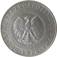 Poland coin 20 Złotych (1973 - 1976) obverse obverse of 20 Złotych (1973 - 1976) coin with Y# 67 from Poland. Inscription: POLSKA · RZECZPOSPOLITA · LUDOWA · 1974 ·