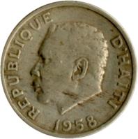 obverse of 10 Centimes (1958 - 1970) coin with KM# 63 from Haiti. Inscription: REPUBLIQUE D'HAÏTI 1958