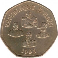 obverse of 5 Gourdes (1995 - 2011) coin with KM# 156 from Haiti. Inscription: RÉPUBLIQUE D'HAITI 1995