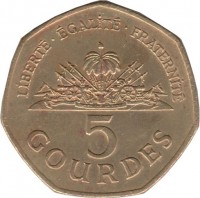 reverse of 5 Gourdes (1995 - 2011) coin with KM# 156 from Haiti. Inscription: LIBERTÉ.ÉGALITÉ.FRATERNITÉ L'UNION FAIT LA FORCE 5 GOURDES