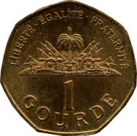 reverse of 1 Gourde (1995 - 2011) coin with KM# 155 from Haiti. Inscription: LIBERTE.EGALITE.FRATERNITE L'UNION FAIT LA FORCE 1 GOURDE