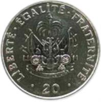 reverse of 20 Centimes (1995 - 2000) coin with KM# 152a from Haiti. Inscription: LIBERTÉ · ÉGALITÉ · FRATERNITÉ L'UNION FAIT LA FORCE · 20 ·