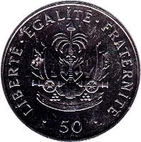 reverse of 50 Centimes (1995 - 2011) coin with KM# 153a from Haiti. Inscription: LIBERTÉ · ÉGALITÉ · FRATERNITÉ L'UNION FAIT LA FORCE · 50 ·