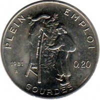 reverse of 20 Centimes - FAO (1981) coin with KM# 147 from Haiti. Inscription: PLEIN EMPLOI 1981 R 0.20 GOURDES